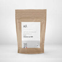 Tisane Détox CBD Bio KAFRANCE en sachet kraft de 30g, infusion bien-être pour digestion et détente naturelle, 100% fabriquée en France.