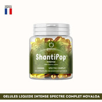 Gélules CBD Spectre complet Shantipop des laboratoires Novaloa en pot transparent, 2000mg, extraits naturels de chanvre, fabriqué en France.