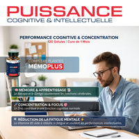 Infographie sur les bienfaits de Mémoplus pour la mémoire, la concentration et le soutien cognitif
