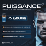 Publicité pour BLUE RISE, booster performance masculine, homme confiant, fond sombre avec texte en français