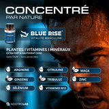 Packaging de BLUE RISE, complément naturel pour vitalité masculine, bouteille avec étiquette détaillée, fond sombre