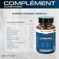 Fiche produit BLUE RISE, liste ingrédients et conseils d'utilisation, design professionnel avec logo Nootrolab