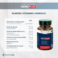 Gélules de ginseng, bacopa, ginkgo, zinc, vitamine B5, complément mémoire