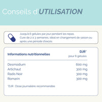 Conseils d'utilisation du complément Drainage & Détox hépatique, cure de 2 à 3 semaines avec 6 gélules par jour, riche en plantes actives.