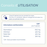 Conseils d'utilisation du complément Drainage & Détox hépatique, cure de 2 à 3 semaines avec 6 gélules par jour, riche en plantes actives.