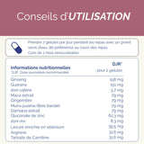 Conseils d'utilisation et informations nutritionnelles de Libiboost XXL, cure de 30 jours à base de plantes et minéraux.