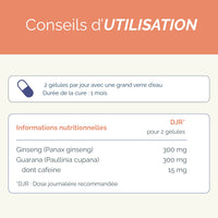 Conseils d'utilisation de Tonus Biotonique, 2 gélules par jour pendant 1 mois, avec détails nutritionnels sur le ginseng et le guarana bio.