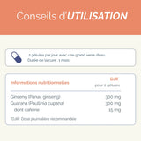 Conseils d'utilisation de Tonus Biotonique, 2 gélules par jour pendant 1 mois, avec détails nutritionnels sur le ginseng et le guarana bio.