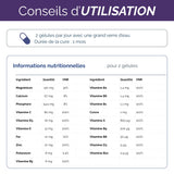 Conseils d’utilisation de Vitaboost : 2 gélules par jour pendant 1 mois, avec tableau des valeurs nutritionnelles pour chaque vitamine et minéral.
