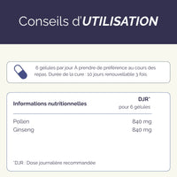 Conseils d'utilisation de Mémoboost : 6 gélules par jour pendant 10 jours, avec informations nutritionnelles sur le pollen et le ginseng.