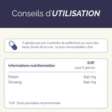 Conseils d'utilisation de Mémoboost : 6 gélules par jour pendant 10 jours, avec informations nutritionnelles sur le pollen et le ginseng.