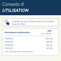 Conseils d’utilisation du complément Nuit paisible : 2 gélules par jour, 2h avant le coucher, avec détails nutritionnels pour chaque plante.