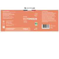 Étiquette complète du produit Tonus Biotonique Nootrolab, complément alimentaire bio contre la fatigue, 60 gélules à base de plantes.