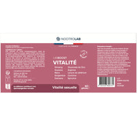 Étiquette complète du flacon Libiboost XXL avec composition, posologie et mentions légales pour la vitalité sexuelle.