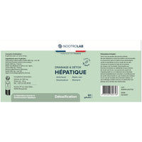 Étiquette produit Drainage & Détox hépatique Nootrolab, informations nutritionnelles et conseils d’utilisation pour une cure détox foie.