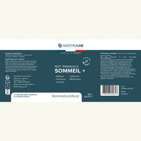 Étiquette complète du flacon Nuit Tranquille Sommeil+ avec composition, précautions et informations fabricant.