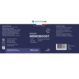 Étiquette complète du produit Mémoboost avec composition, posologie, ingrédients actifs et informations de fabrication française.