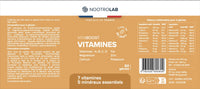 Étiquette complète du flacon Vitaboost avec composition, posologie, valeurs nutritionnelles et code-barres, multivitamines fabriquées en France.