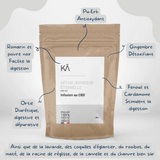 Tisane Détox CBD Bio KAFRANCE avec ingrédients naturels comme gingembre, fenouil et ortie, idéale pour digestion et relaxation au quotidien.