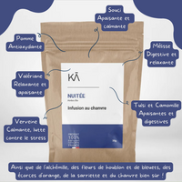 Tisane CBD Nuitée avec ingrédients naturels comme valériane, camomille et mélisse, idéale pour un sommeil paisible et apaisement du stress.