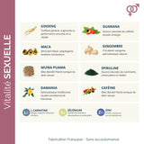 Tableau des ingrédients naturels de Libiboost XXL, incluant ginseng, guarana, maca et spiruline pour soutenir la libido et l'énergie.