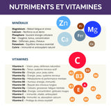 Tableau des nutriments et vitamines contenus dans Vitaboost, incluant magnésium, zinc, fer, vitamines A à E pour la santé et la performance.