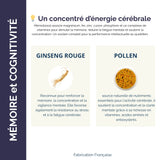 Présentation des ingrédients clés de Mémoboost : ginseng rouge et pollen, pour renforcer mémoire, concentration et énergie cérébrale.