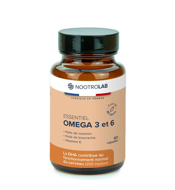 Flacon de compléments alimentaires Essentiel Omega 3 et 6 de Nootrolab, 60 capsules, bienfaits cardiovasculaires, peau, cerveau, articulations.