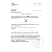 Attestation officielle de déclaration du complément alimentaire Mémoboost délivrée par la DGAL, conforme à la réglementation française.