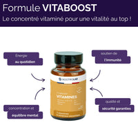Présentation des bienfaits de Vitaboost : énergie quotidienne, soutien immunitaire, équilibre mental et sécurité, multivitamines fabriquées en France.