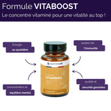 Présentation des bienfaits de Vitaboost : énergie quotidienne, soutien immunitaire, équilibre mental et sécurité, multivitamines fabriquées en France.