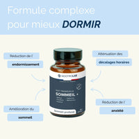 Complément Nuit Tranquille Sommeil+ avec bienfaits sur l'endormissement, l'anxiété et les décalages horaires, enrichi en mélatonine et plantes.