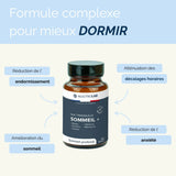 Complément Nuit Tranquille Sommeil+ avec bienfaits sur l'endormissement, l'anxiété et les décalages horaires, enrichi en mélatonine et plantes.