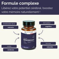 Complément Mémoboost avec bienfaits sur la mémoire, la vitalité cérébrale et la stimulation cognitive, formule naturelle pour performance mentale.