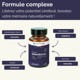 Complément Mémoboost avec bienfaits sur la mémoire, la vitalité cérébrale et la stimulation cognitive, formule naturelle pour performance mentale.