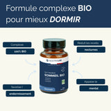 Complément sommeil bio Nootrolab avec bienfaits mis en avant : réduit les réveils nocturnes, favorise l’endormissement et apaise le mental.