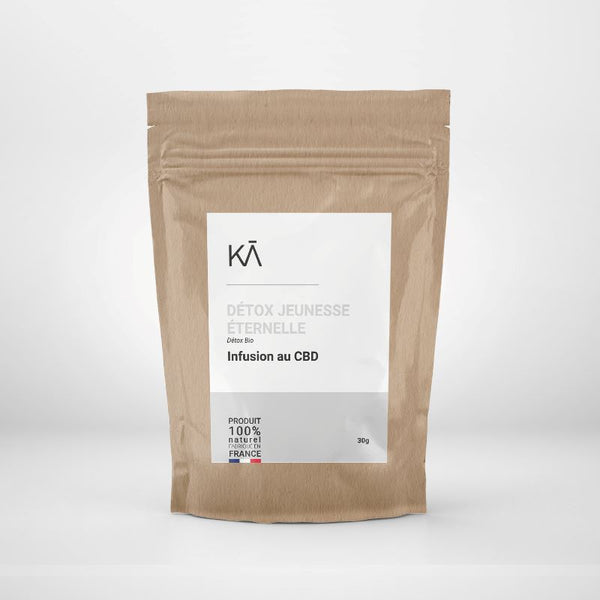 Tisane Détox CBD Bio KAFRANCE en sachet kraft de 30g, infusion bien-être pour digestion et détente naturelle, 100% fabriquée en France.