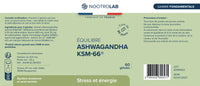 Étiquette du produit Ashwagandha KSM-66 Nootrolab, indiquant les ingrédients, posologie et bienfaits pour le stress et l’énergie mentale.
