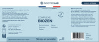 Étiquette du complément Complexe Biozen I Relaxant naturelle à base de plantes, avec ingrédients comme cacao, pollen et mélisse pour apaiser l’anxiété.