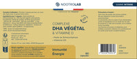 Étiquette du complément DHA Végétal & Vitamine D Nootrolab, indiquant ingrédients, posologie et bienfaits pour immunité et énergie.