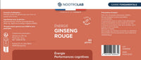 Étiquette du flacon Énergie Ginseng Rouge Nootrolab, indiquant ingrédients, posologie et bienfaits pour l’endurance et l’immunité naturelle.