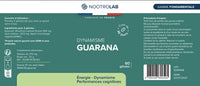 Étiquette du complément Guarana Naturel - Énergie Bio, indiquant ingrédients, posologie et bienfaits pour l’énergie et les performances cognitives.