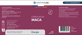 Étiquette du flacon Maca Bio Nootrolab avec détails sur ingrédients, posologie et bienfaits pour vitalité, stress et performances sexuelles.