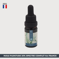 Flacon d'huile CBD Plénitude 20% spectre complet fabriqué en France, enrichi en chanvre local pour bien-être et relaxation naturelle.