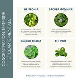 Ingrédients clés du Cérebro + Tonic Cérébral : Griffonia, Bacopa, Ginkgo Biloba et Thé Vert pour concentration et mémoire.