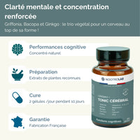 Avantages du Cérebro + Tonic Cérébral : performances cognitives, clarté mentale et concentration renforcée avec extraits végétaux.