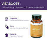 Résumé des avantages de Vitaboost : 7 vitamines, 5 minéraux, cure d’un mois, fabrication française pour booster énergie et immunité.