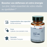 Mise en avant des avantages du produit Équilibre Zinc B6 - Cure Zinc B6 | Immunité, Énergie, Stress : efficacité, fabrication française, vitalité.