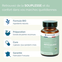 Avantages de la cure articulation Souplesse Articulaire Naturelle : ingrédients bio, préparation à base de plantes, cure d’un mois, fabrication française garantie.