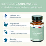 Avantages de la cure articulation Souplesse Articulaire Naturelle : ingrédients bio, préparation à base de plantes, cure d’un mois, fabrication française garantie.